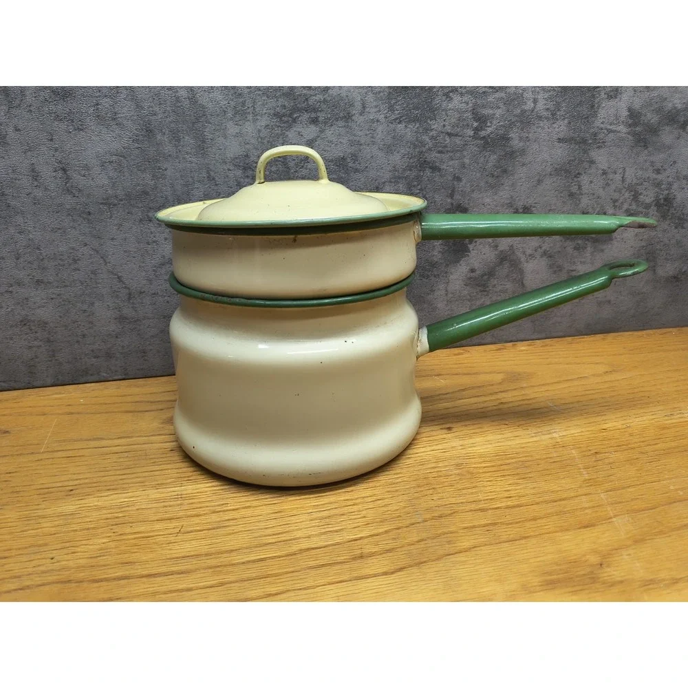 Vintage Enamelware Double‎ Boiler Cream Green Trim Circa 1930's - 40's Lid 3 Pcs